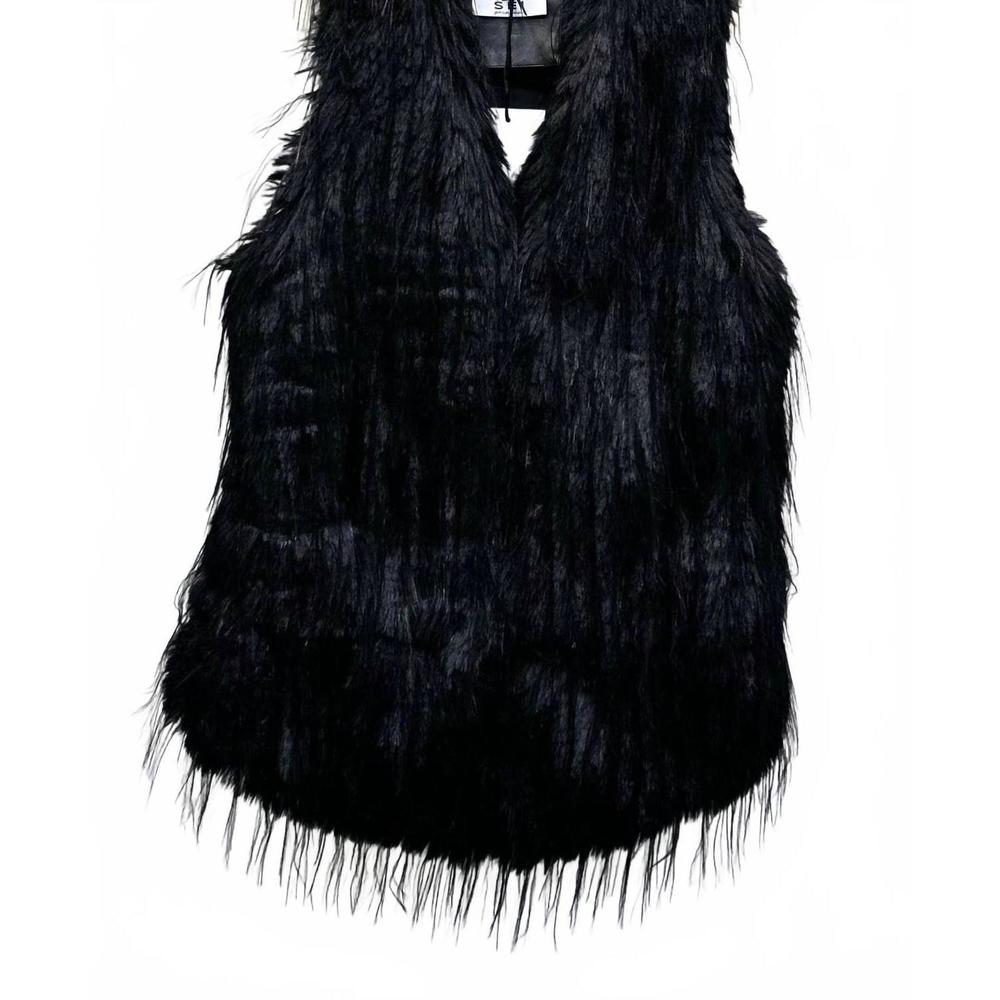 NEW VENTI6 women's long hair faux far vest in black